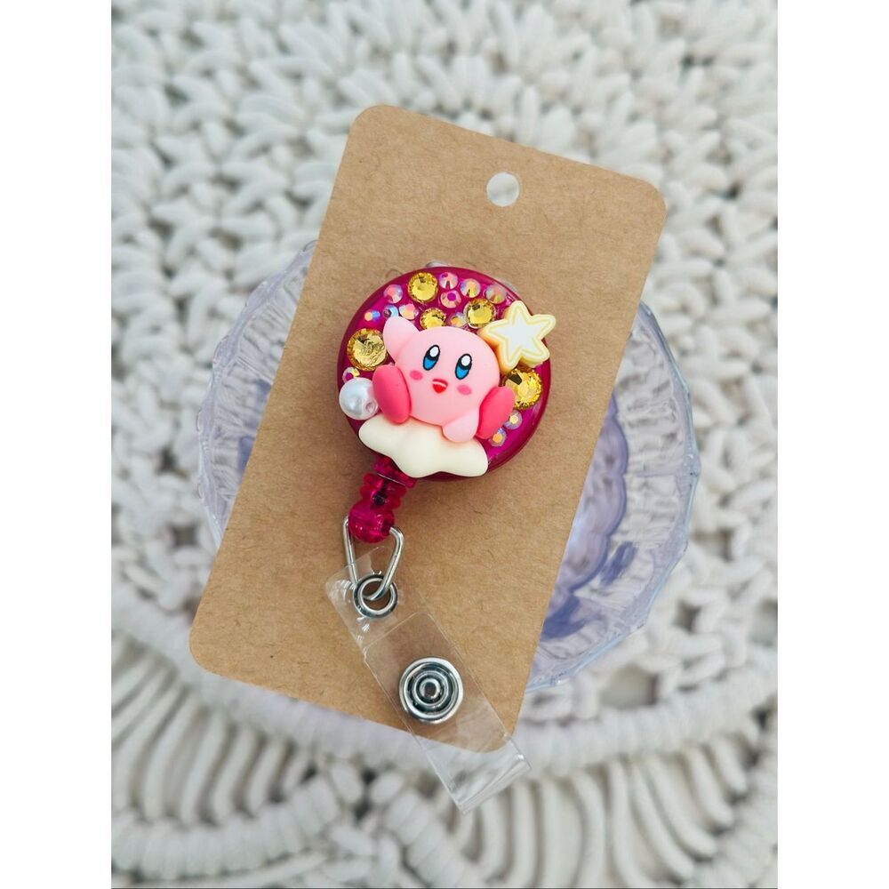 Kirby  Nintendo Character Pink Clip On Badge Reel Handmade